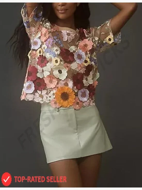 Sheer Lace Blouse 3D Embroidered Floral Short Sleeve Crew Neck Chic Top - Picture 2 of 6